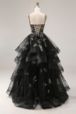 Black Corset Floral Embroidered Ruffle Tulle A Line Long Prom Dress