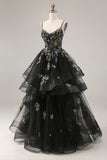 Black Corset Floral Embroidered Ruffle Tulle A Line Long Prom Dress