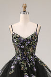 Black Corset Floral Embroidered Ruffle Tulle A Line Long Prom Dress