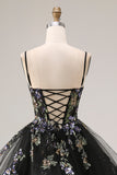 Black Corset Floral Embroidered Ruffle Tulle A Line Long Prom Dress