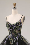 Black Corset Floral Embroidered Ruffle Tulle A Line Long Prom Dress