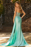 Mint Green Beaded Corset Mermaid Sweetheart Long Prom Dress With Slit