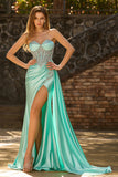 Mint Green Beaded Corset Mermaid Sweetheart Long Prom Dress With Slit