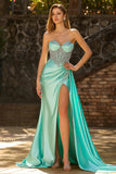 Mint Green Beaded Corset Mermaid Sweetheart Long Prom Dress With Slit