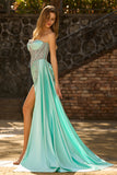 Mint Green Beaded Corset Mermaid Sweetheart Long Prom Dress With Slit