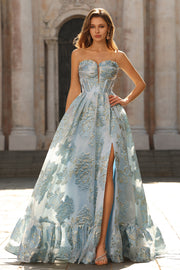 Strapless Light Blue Corset Jacquard Floral A Line Long Prom Dress With Slit