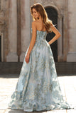 Strapless Light Blue Corset Jacquard Floral A Line Long Prom Dress With Slit