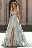 Strapless Light Blue Corset Jacquard Floral A Line Long Prom Dress With Slit
