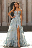 Strapless Light Blue Corset Jacquard Floral A Line Long Prom Dress With Slit