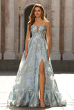 Strapless Light Blue Corset Jacquard Floral A Line Long Prom Dress With Slit