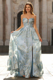 Strapless Light Blue Corset Jacquard Floral A Line Long Prom Dress With Slit