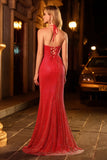 Sparkly Halter Beaded Mermaid Red Prom Dress