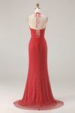 Sparkly Halter Beaded Mermaid Red Prom Dress