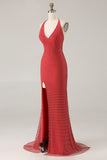 Sparkly Halter Beaded Mermaid Red Prom Dress
