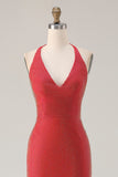 Sparkly Halter Beaded Mermaid Red Prom Dress