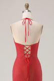 Sparkly Halter Beaded Mermaid Red Prom Dress