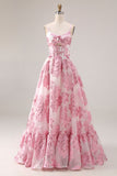 Floral Pink Corset 3D Flower Spaghetti Straps A Line Long Prom Dress
