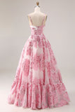Floral Pink Corset 3D Flower Spaghetti Straps A Line Long Prom Dress