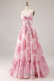 Floral Pink Corset 3D Flower Spaghetti Straps A Line Long Prom Dress