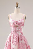 Floral Pink Corset 3D Flower Spaghetti Straps A Line Long Prom Dress