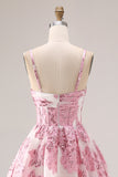 Floral Pink Corset 3D Flower Spaghetti Straps A Line Long Prom Dress