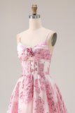 Floral Pink Corset 3D Flower Spaghetti Straps A Line Long Prom Dress