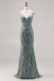 Sparkly Mermaid Grey Green Long Prom Dress