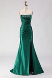 Dark Green Sequin Ruched Strapless Mermaid Prom Dress