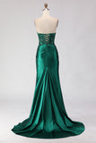 Dark Green Sequin Ruched Strapless Mermaid Prom Dress