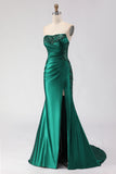 Dark Green Sequin Ruched Strapless Mermaid Prom Dress
