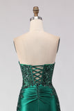 Dark Green Sequin Ruched Strapless Mermaid Prom Dress