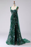 Dark Green Sequin Mermaid Long Prom Dress With Slit