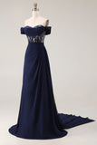 Navy Off the Shoulder Corset Mother Of The Bride Dress