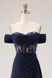 Navy Off the Shoulder Corset Mother Of The Bride Dress