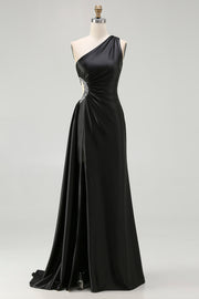Black One Shoulder Cut Out A Line Formal Dress