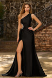One Shoulder Black Mermaid Cut Out Long Prom Dress With Slit