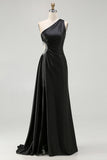 Black One Shoulder Cut Out A Line Formal Dress
