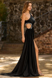 One Shoulder Black Mermaid Cut Out Long Prom Dress With Slit