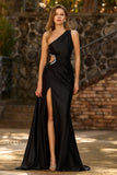 One Shoulder Black Mermaid Cut Out Long Prom Dress With Slit