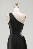 Black One Shoulder Cut Out A Line Formal Dress