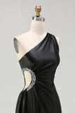 Black One Shoulder Cut Out A Line Formal Dress