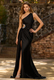 One Shoulder Black Mermaid Cut Out Long Prom Dress With Slit
