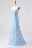 Sparkly Sky Blue Mermaid Beaded Spaghetti Straps Long Prom Dress with Sequins