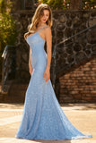Sky Blue Mermaid Long Prom Dress With Sequins