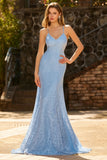 Sky Blue Mermaid Long Prom Dress With Sequins