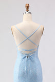 Sparkly Sky Blue Mermaid Beaded Spaghetti Straps Long Prom Dress with Sequins