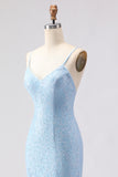Sparkly Sky Blue Mermaid Beaded Spaghetti Straps Long Prom Dress with Sequins