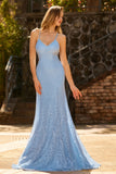 Sky Blue Mermaid Long Prom Dress With Sequins