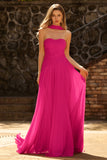 Strapless Fuchsia A Line Pleated Long Prom Dress With Ribbon