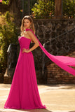 Strapless Fuchsia A Line Pleated Long Prom Dress With Ribbon